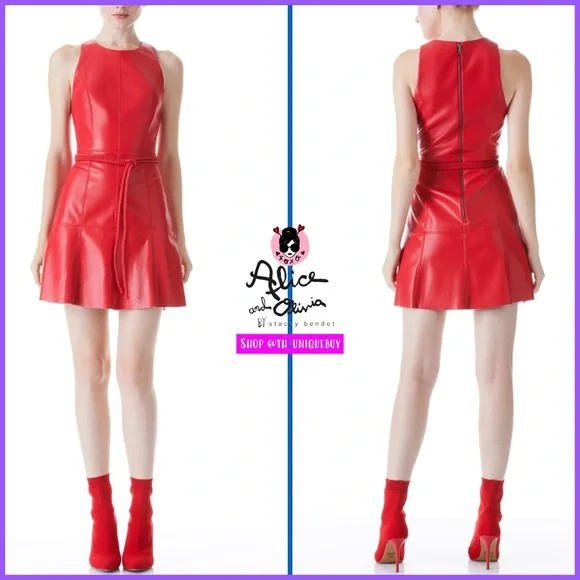 Alice+Olivia■Leandra Belted Dress■ドレス Alice + Olivia Leandra Vegan Leather Midi Dress with Belt